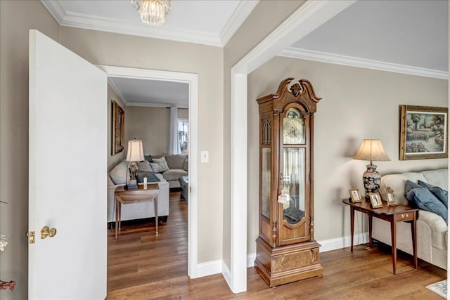 interior space featuring wood-type flooring, crown molding, and an inviting chandelier