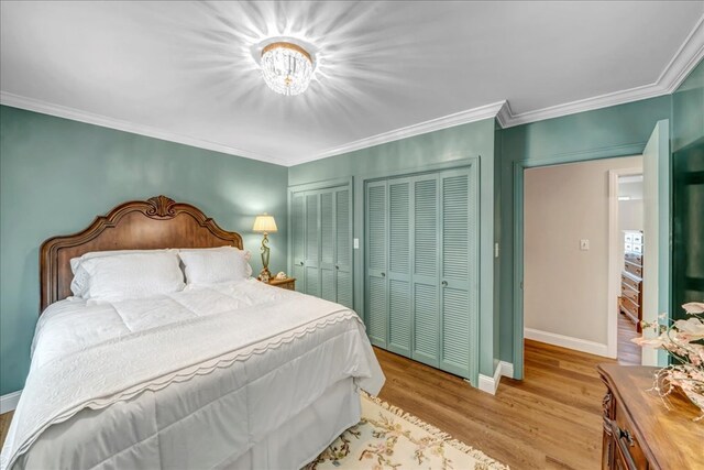 bedroom featuring multiple closets, light hardwood / wood-style floors, and ornamental molding