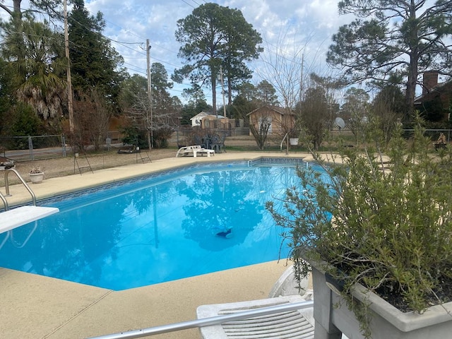 view of swimming pool with a diving board