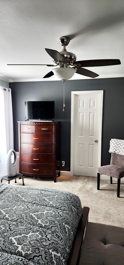 carpeted bedroom with ceiling fan and ornamental molding