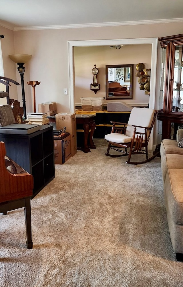 sitting room with ornamental molding and carpet