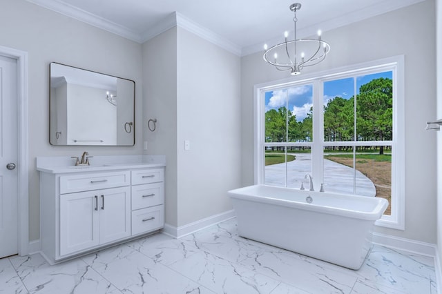 bathroom with a notable chandelier, crown molding, a tub, and vanity