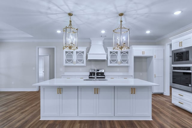 kitchen with pendant lighting, custom range hood, an island with sink, and appliances with stainless steel finishes