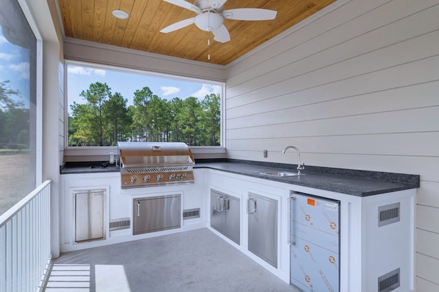 view of patio / terrace featuring exterior kitchen, a grill, sink, and ceiling fan