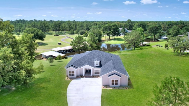 drone / aerial view featuring a water view