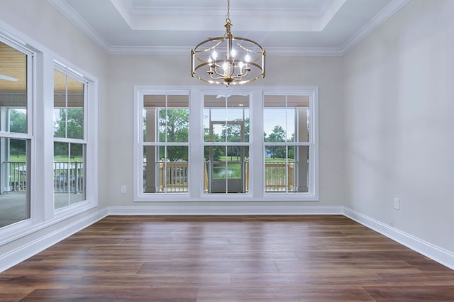 unfurnished dining area featuring dark hardwood / wood-style flooring, a raised ceiling, and a healthy amount of sunlight