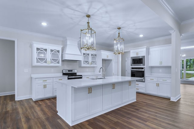 kitchen featuring white cabinetry, sink, custom exhaust hood, and stainless steel appliances