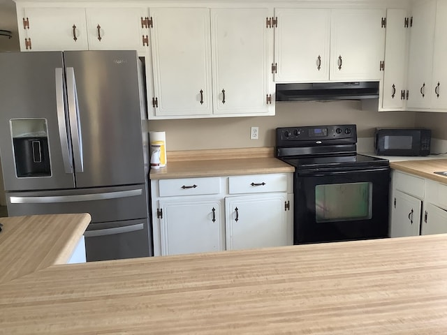 kitchen featuring black appliances, under cabinet range hood, white cabinetry, and light countertops