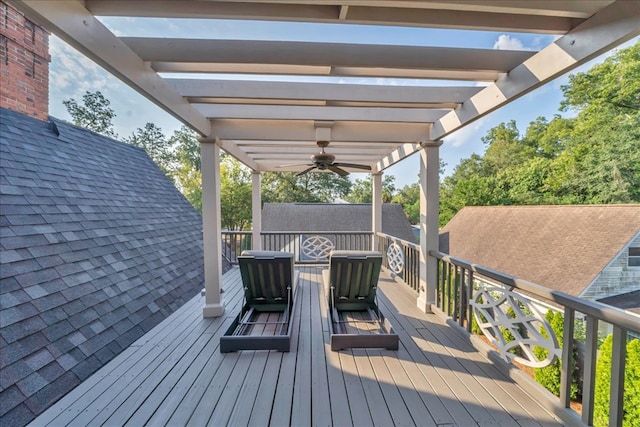 wooden terrace featuring a pergola and ceiling fan