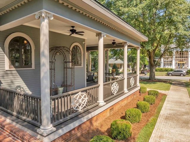 view of patio / terrace with covered porch and ceiling fan