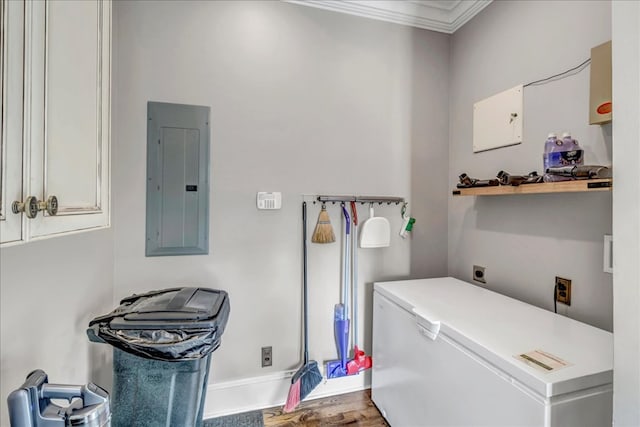 laundry room with electric panel and ornamental molding