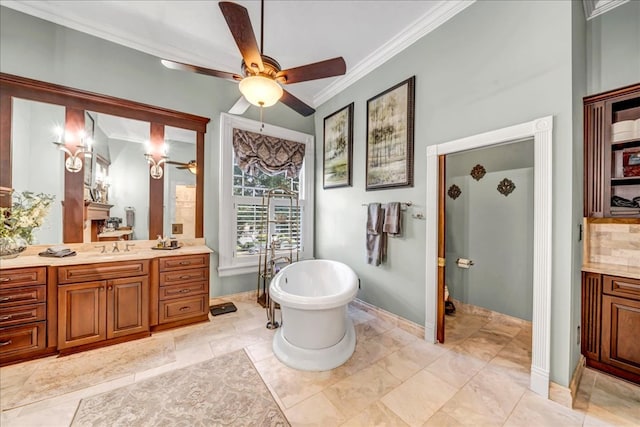 bathroom featuring crown molding, ceiling fan, vanity, a washtub, and decorative backsplash