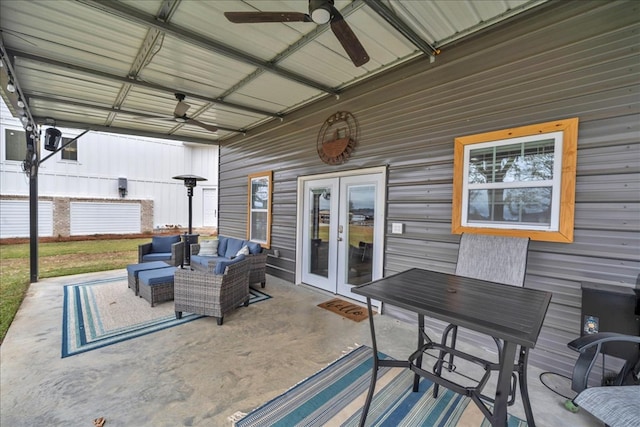 view of patio with an outdoor hangout area, ceiling fan, and french doors