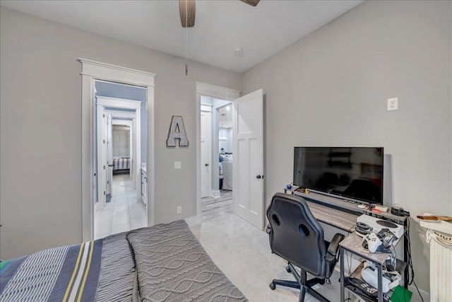 carpeted bedroom featuring ceiling fan