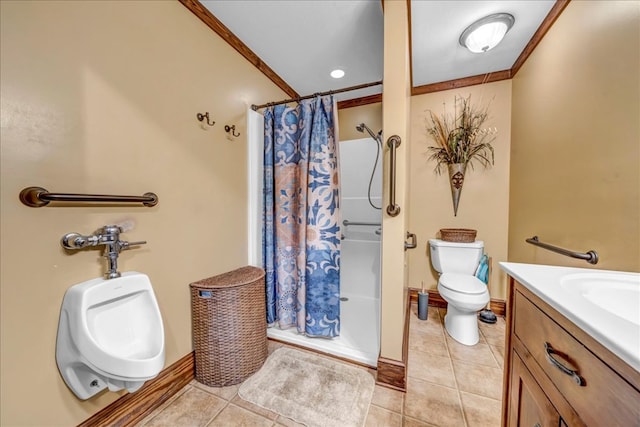 bathroom featuring tile patterned floors, toilet, ornamental molding, and a shower with shower curtain