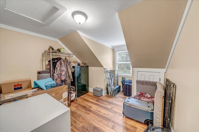 bonus room featuring a textured ceiling, light hardwood / wood-style flooring, and lofted ceiling