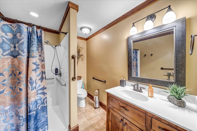 bathroom featuring crown molding, tile patterned floors, a shower with curtain, toilet, and vanity