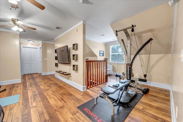 exercise area featuring wood-type flooring and crown molding