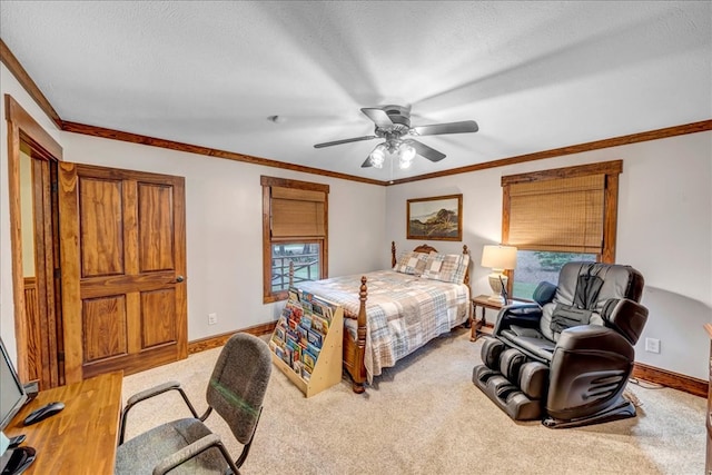 bedroom featuring light carpet, ceiling fan, crown molding, and a textured ceiling