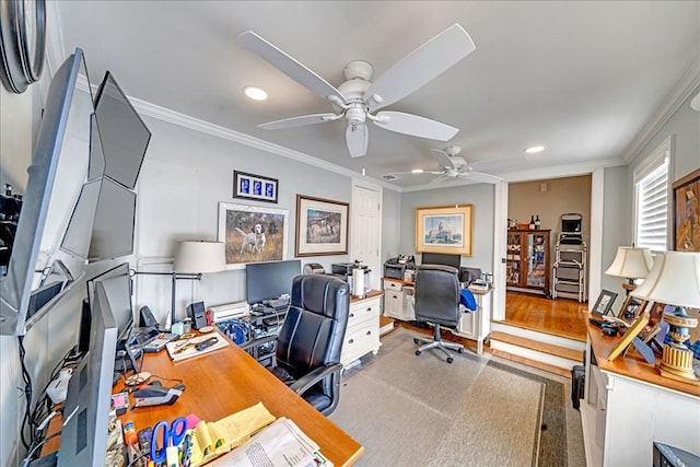 office space featuring recessed lighting, ceiling fan, crown molding, and wood finished floors