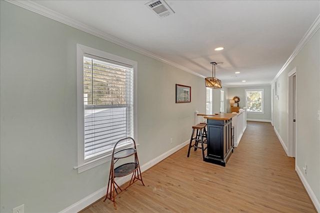 interior space with baseboards, ornamental molding, wood counters, and light wood-style floors