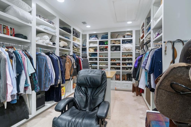 spacious closet featuring light carpet