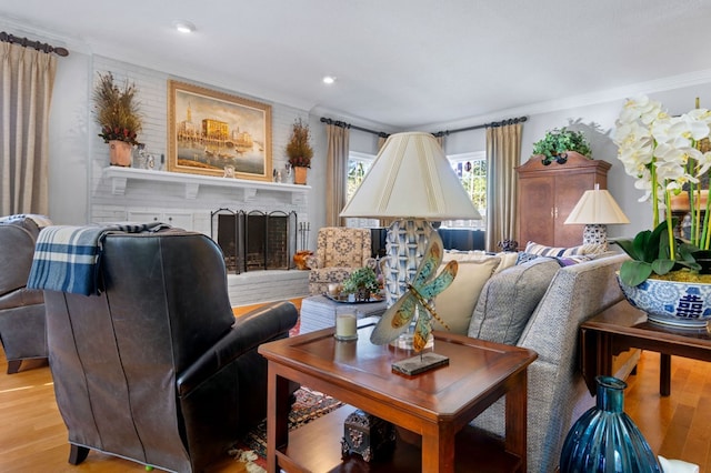 living room featuring crown molding, light hardwood / wood-style floors, and a fireplace