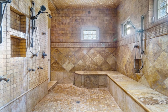 bathroom with a wealth of natural light and a tile shower