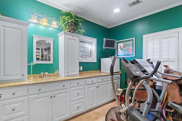 workout room featuring sink and ornamental molding