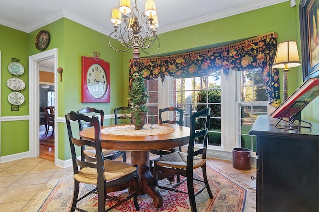 tiled dining space with ornamental molding and an inviting chandelier