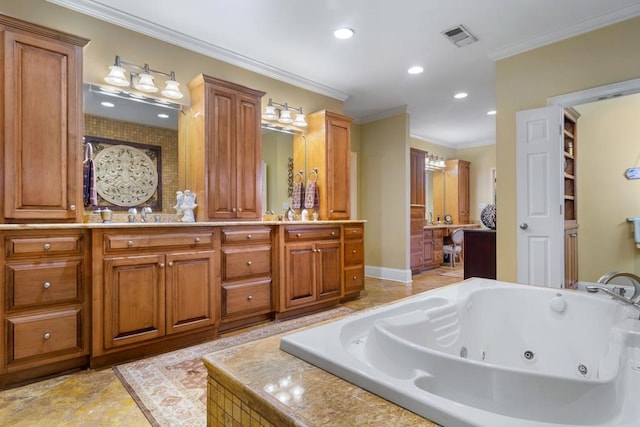 bathroom with crown molding, a relaxing tiled tub, and vanity