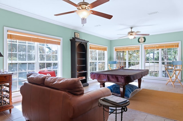 rec room featuring ornamental molding, plenty of natural light, visible vents, and billiards