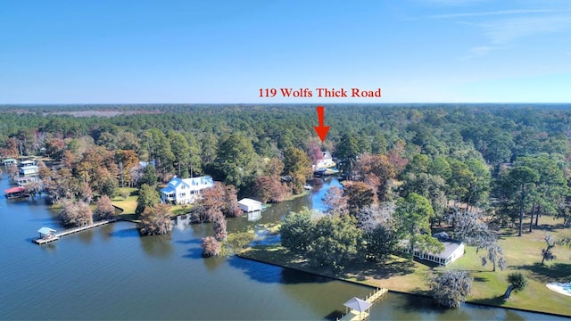 birds eye view of property with a water view and a wooded view