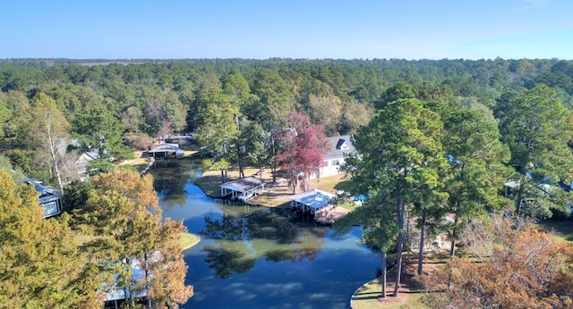 drone / aerial view with a water view and a wooded view