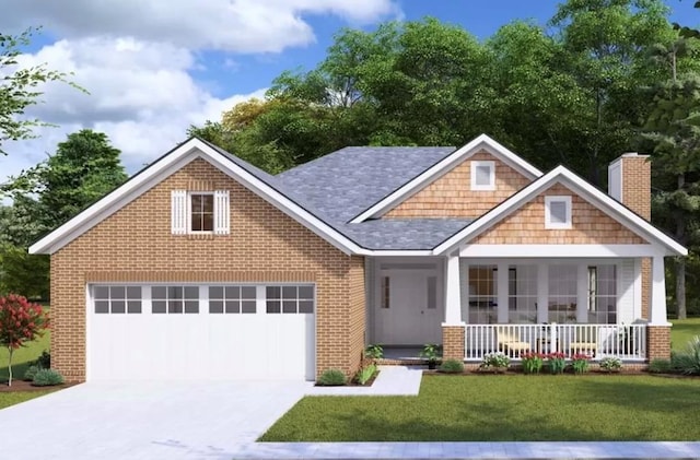 view of front of house featuring a porch, a garage, and a front lawn