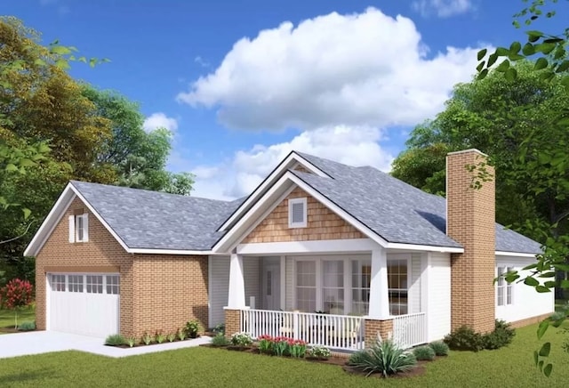 view of front facade featuring covered porch, a garage, and a front lawn