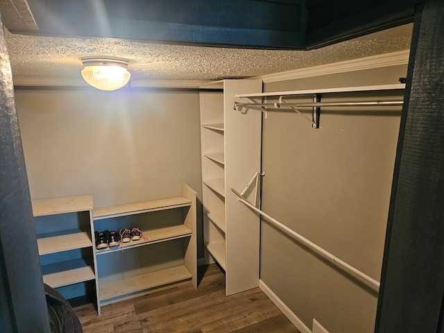 walk in closet with wood finished floors