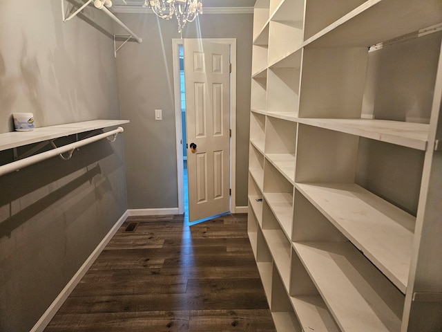 spacious closet featuring a notable chandelier and dark wood-style flooring