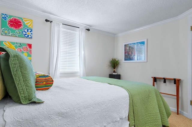 carpeted bedroom with a textured ceiling and crown molding