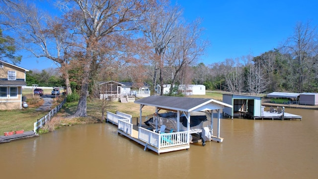 dock area featuring a water view and boat lift