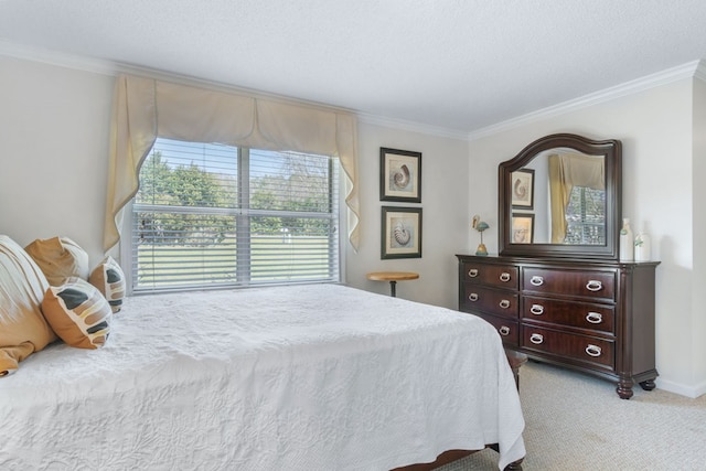 bedroom with carpet flooring, crown molding, and a textured ceiling