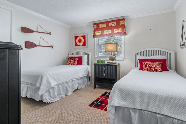 bedroom featuring carpet, ornamental molding, and a textured ceiling