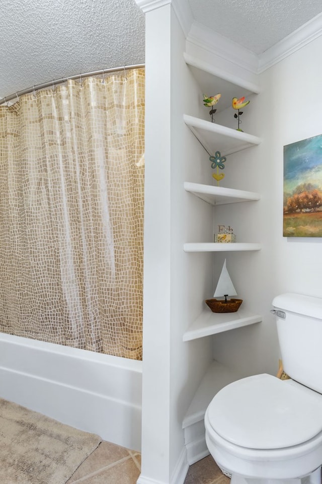 full bathroom with a textured ceiling, ornamental molding, shower / bath combination with curtain, and toilet