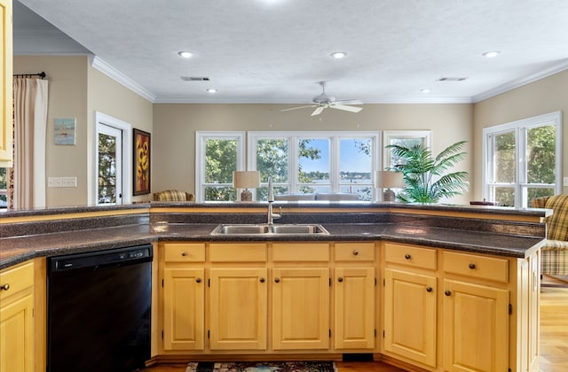 kitchen with plenty of natural light, a textured ceiling, black dishwasher, and crown molding