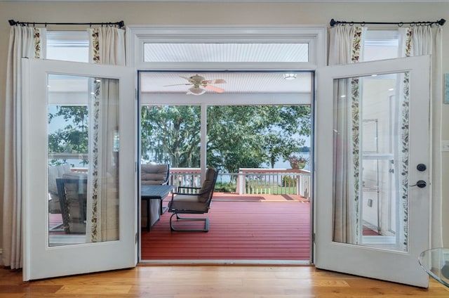 doorway to outside with plenty of natural light, light hardwood / wood-style flooring, and ceiling fan