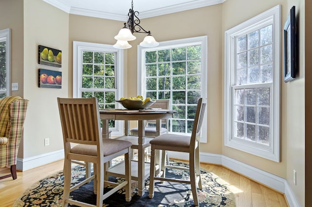 dining space with light hardwood / wood-style flooring, crown molding, and a chandelier