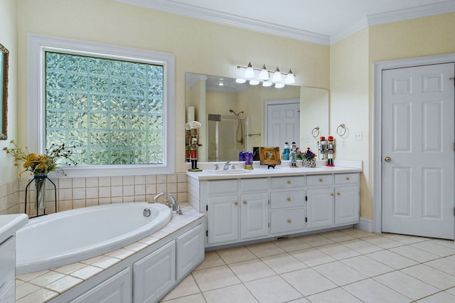 bathroom featuring a wealth of natural light, tile patterned floors, ornamental molding, and separate shower and tub