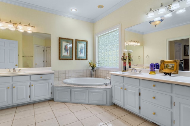 bathroom with vanity, a tub, crown molding, and tile patterned flooring