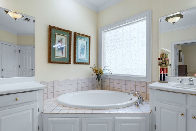 bathroom with vanity, a wealth of natural light, and ornamental molding