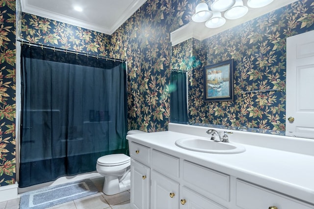 full bathroom with tile patterned floors, vanity, toilet, ornamental molding, and shower / bath combo with shower curtain